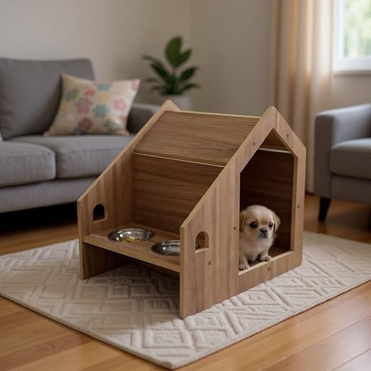 Solução curada: Casinha para Cães e Gatos Premium com Comedouro Duplo, Design Moderno, 2 Tigelas de Inox 500ml (Marrom, Único)